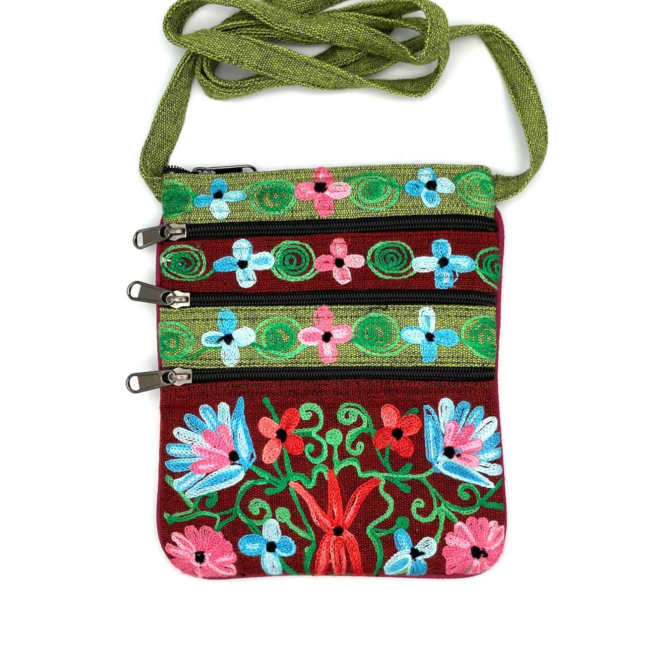 Embroidered Floral 5-Zip Crossbody Bag