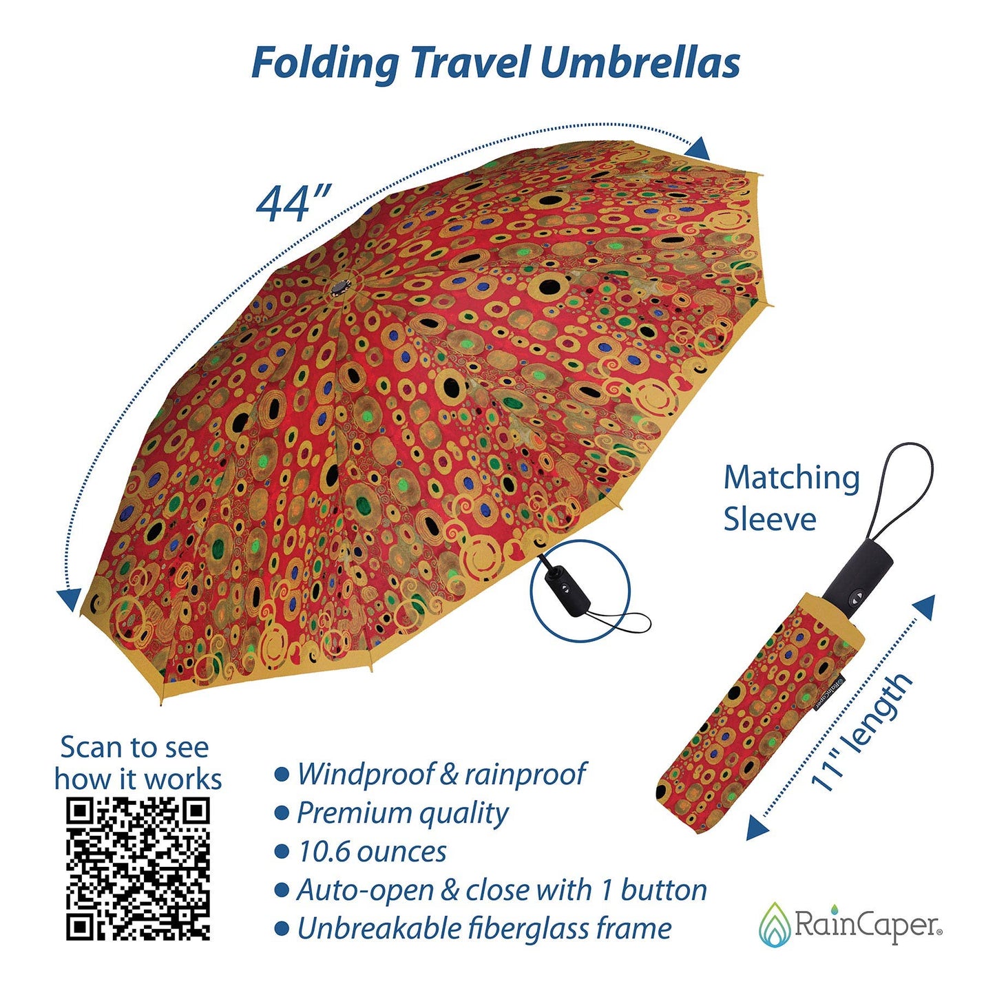 Klimt "Hope II" Red Folding Travel Umbrella