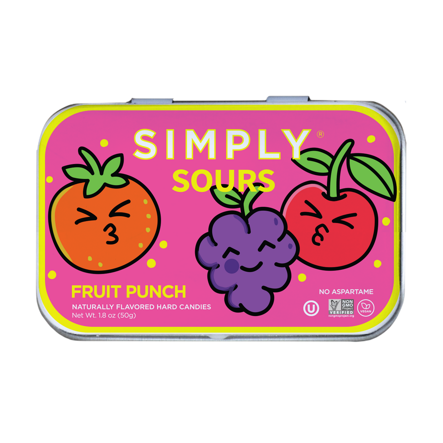 Tin of Simply Sours Fruit Punch hard candies with cartoon fruit illustrations on a pink background.