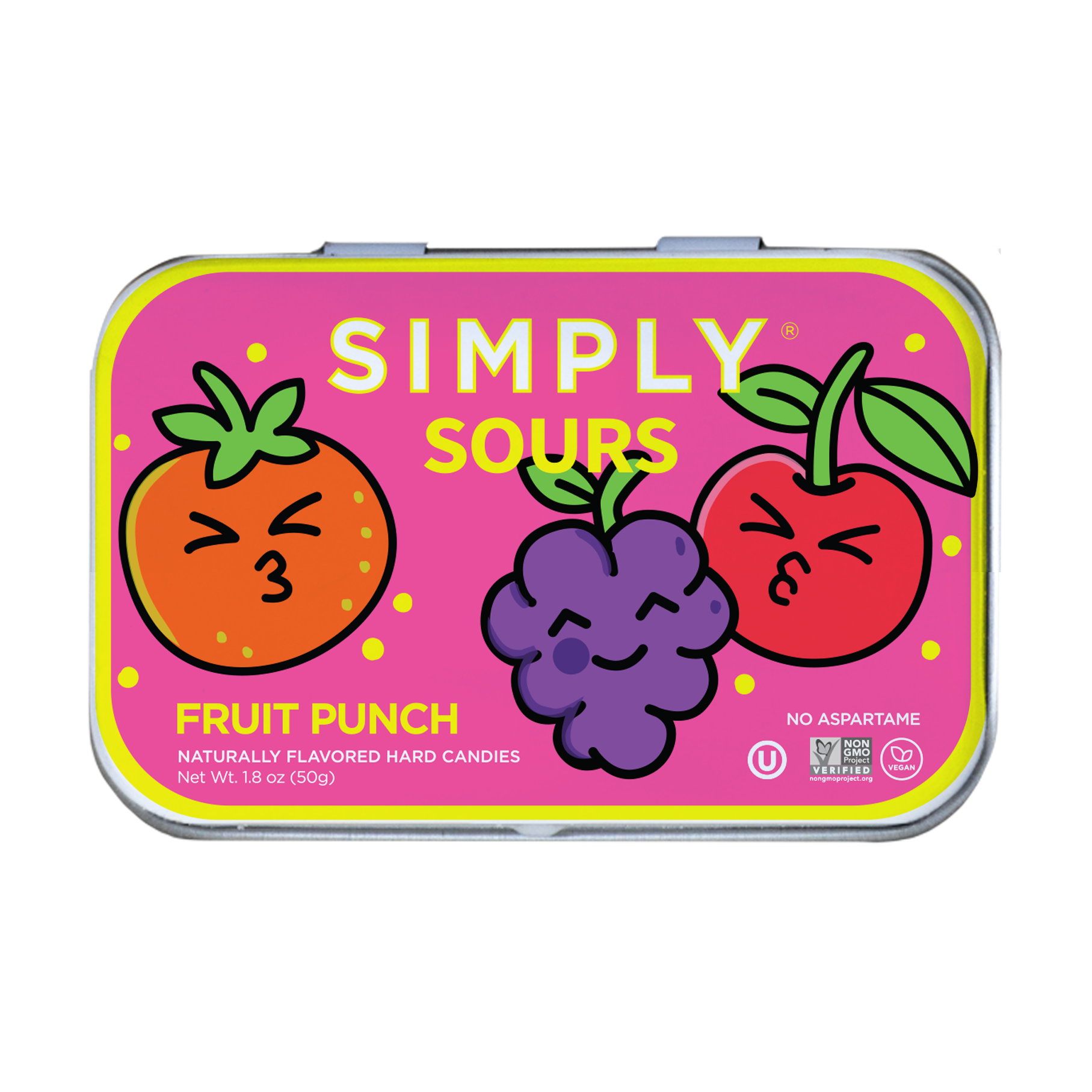Tin of Simply Sours Fruit Punch hard candies with cartoon fruit illustrations on a pink background.