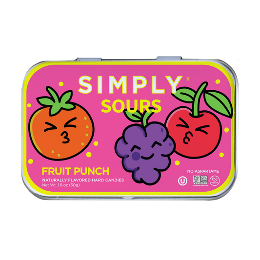 Tin of Simply Sours Fruit Punch hard candies with cartoon fruit illustrations on a pink background.