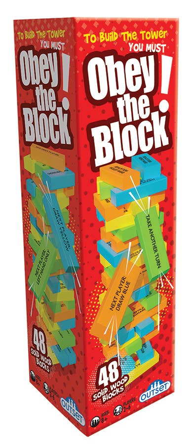 Box of 'Obey the Block' game with colorful blocks on a red background