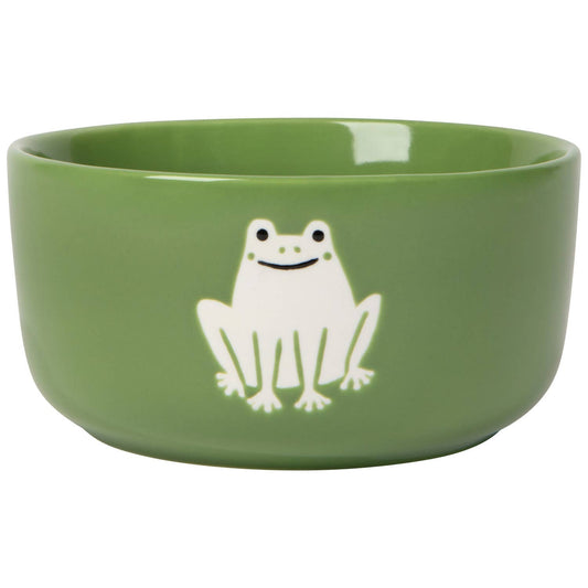 Green bowl with a white frog design on a white background