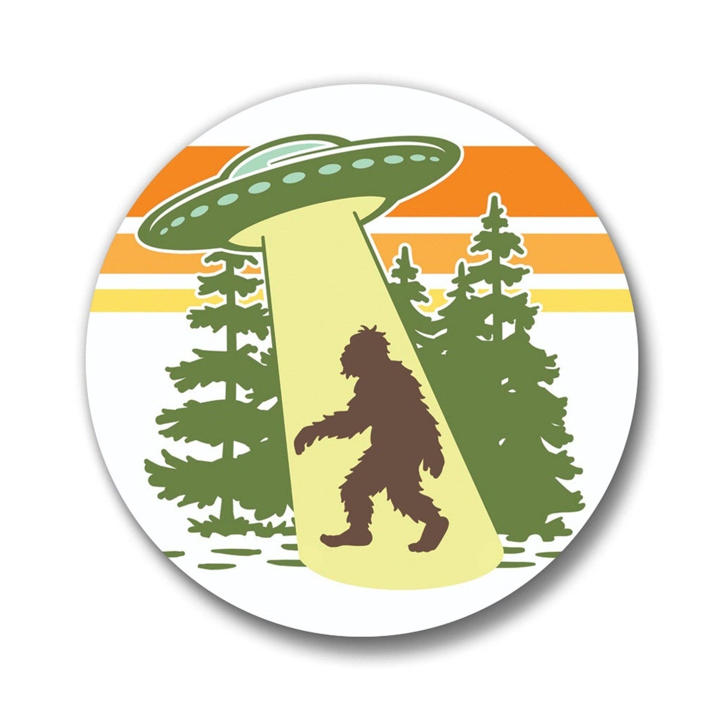 Circular magnetic bottle opener with a UFO and Bigfoot silhouette against a sunset background
