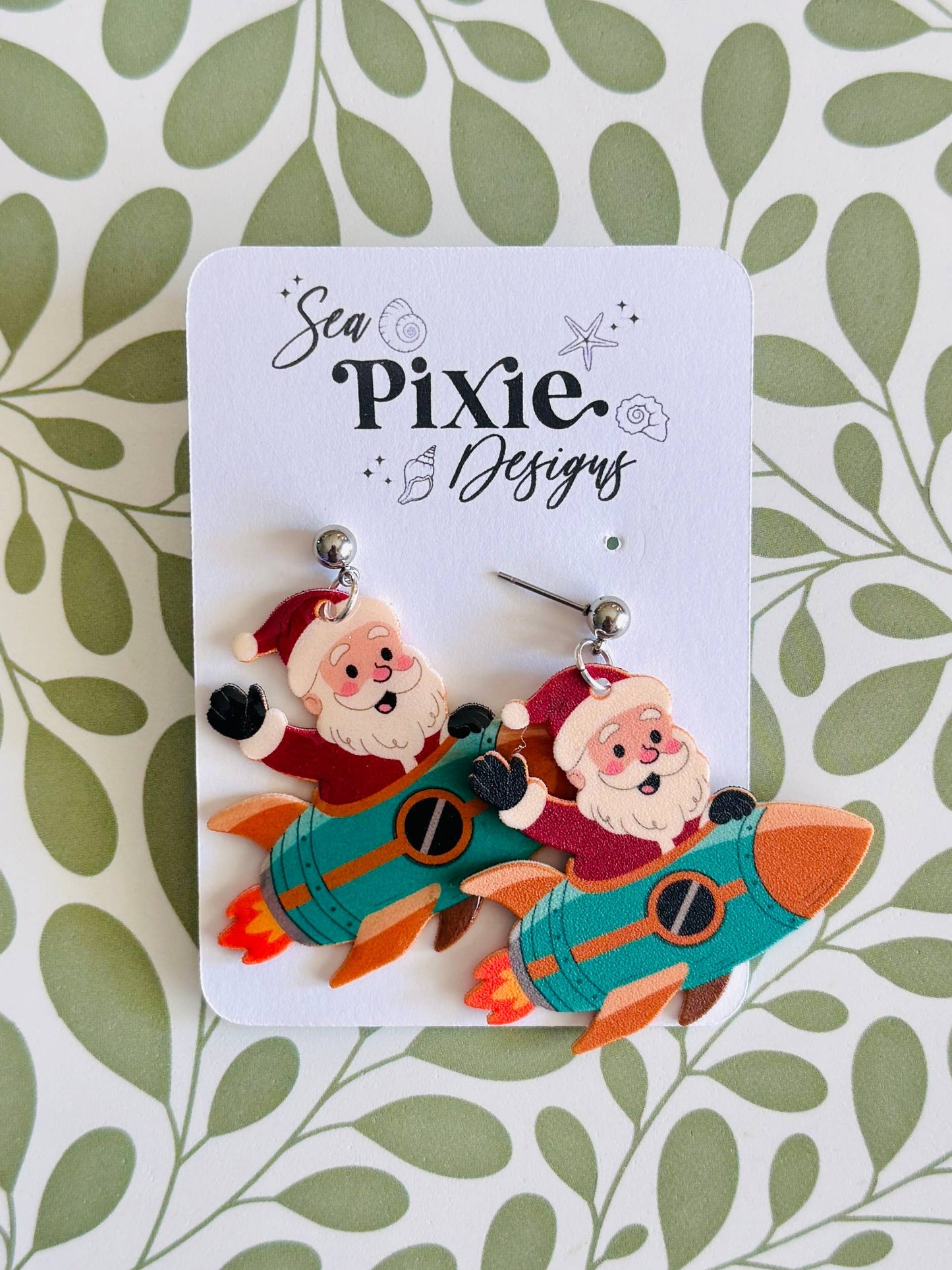 Retro Vintage Santa Claus Rocket Christmas Dangle Earrings