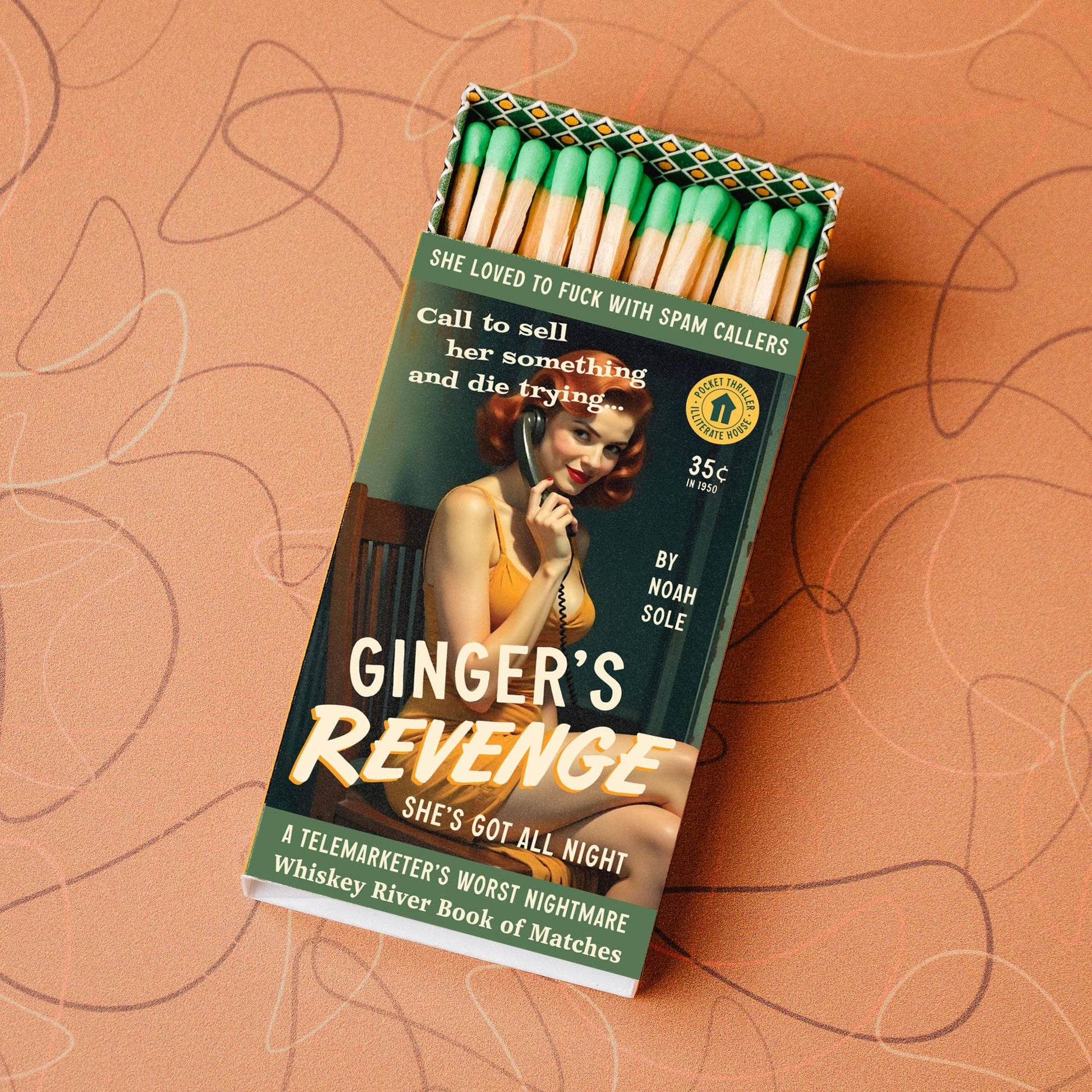 Matches box titled 'Ginger's Revenge' on a patterned background