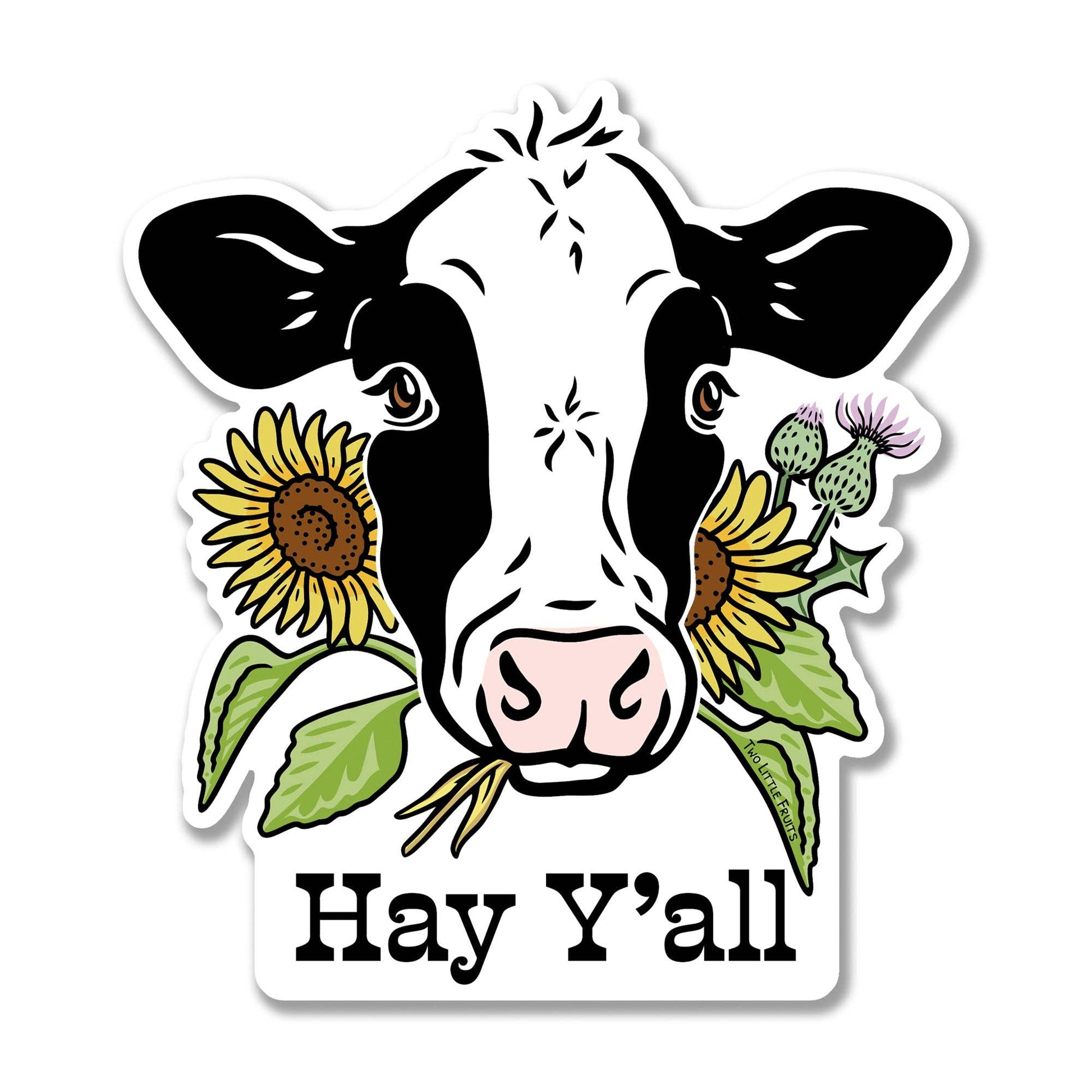 A die-cut sticker featuring a black and white cow face with sunflowers and green leaves, above the text 'Hay Y'all' in black lettering on a white background.