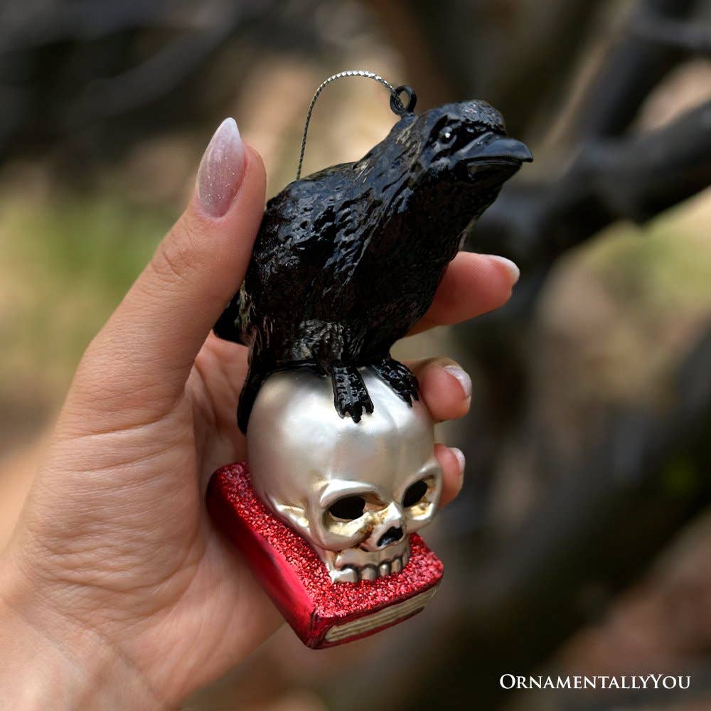 Raven on Skull Glass Ornament