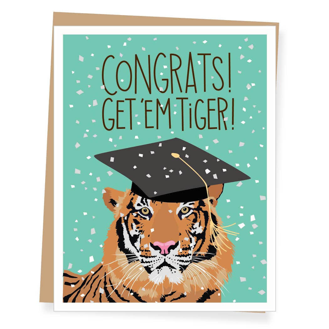 Graduation card with a tiger wearing a cap and 'Congrats! Get 'em Tiger!' text on a teal background.