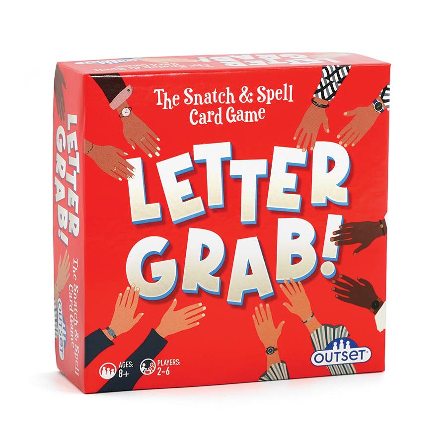 The Snatch & Spell Card Game 'Letter Grab!' box by Outset, featuring a bright red cover with large white and blue title text and illustrated hands reaching in from multiple colors.