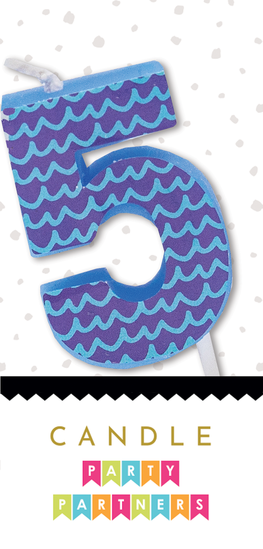 Blue wavy-patterned number 5 birthday candle on a white background.