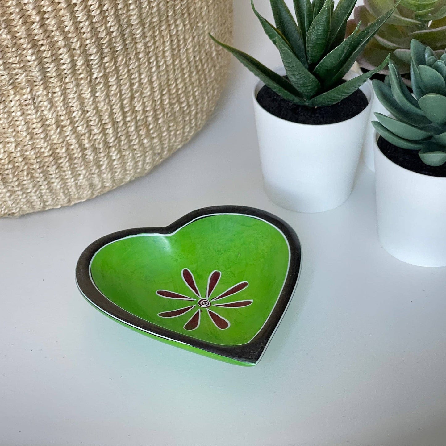 Green Tribal Design Soapstone Heart Bowl