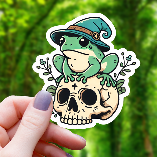 Wizard Frog on Cottagecore Skull Sticker