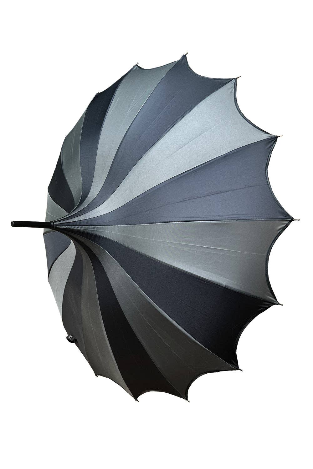 A large open umbrella with alternating wide black and light gray panels, shown against a plain white background.