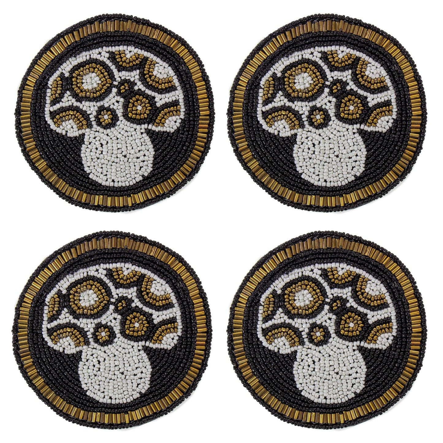 Black Mushroom Glass Beaded Coasters - Set of 4