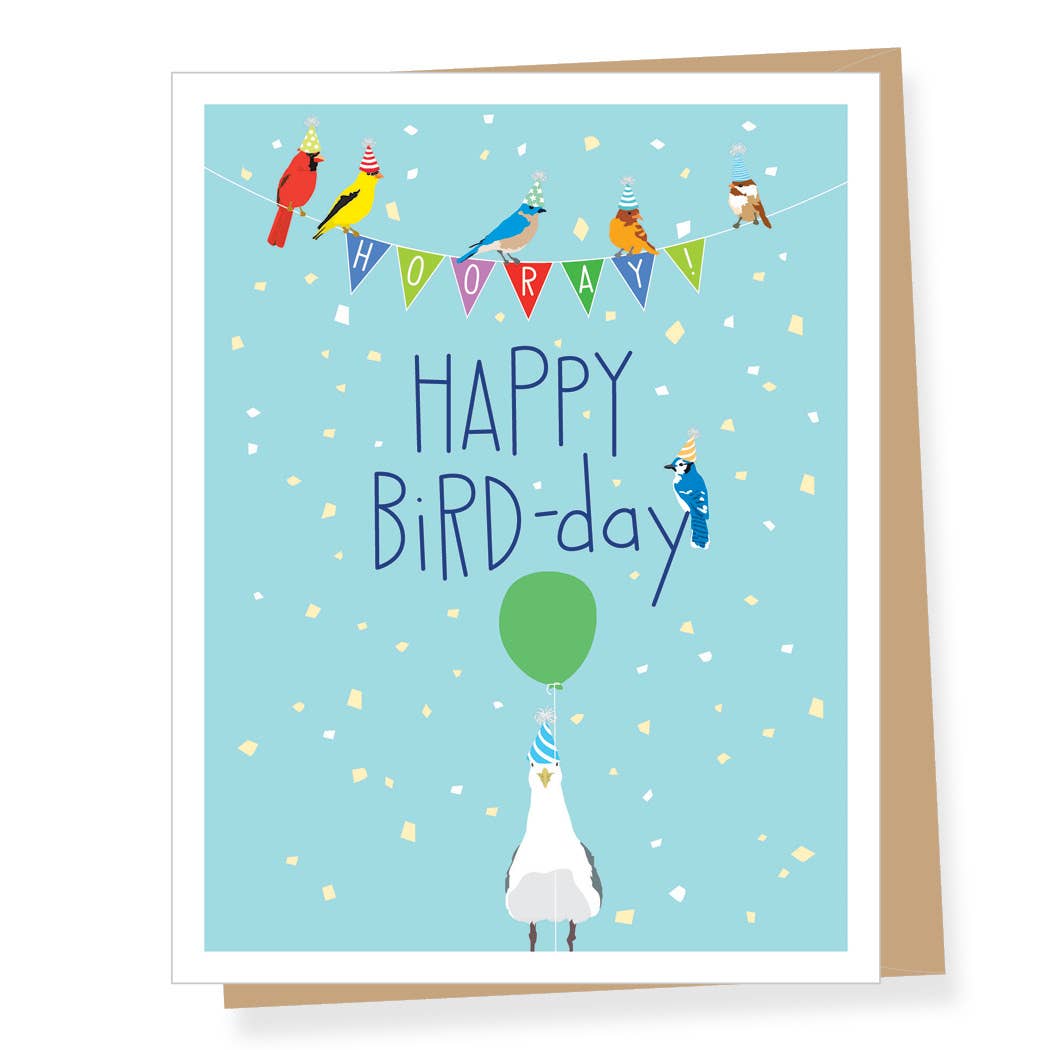 Birthday card with birds and 'Happy BiRD-day' text on a blue background