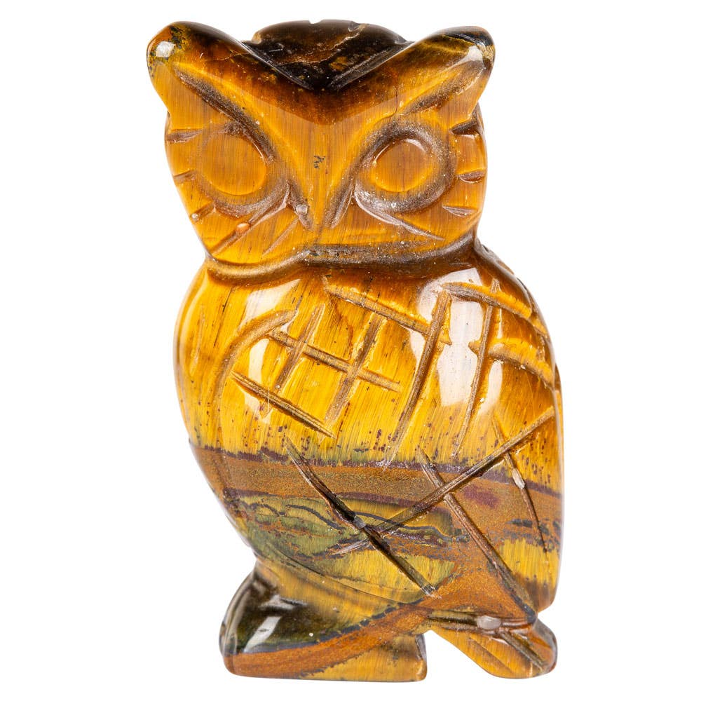 A carved owl figurine made of polished tiger's eye stone, showcasing its characteristic golden-brown and amber hues with natural striations, set against a plain white background.