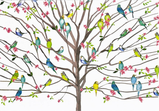 Notecard with colorful birds on a tree with pink flowers on a white background