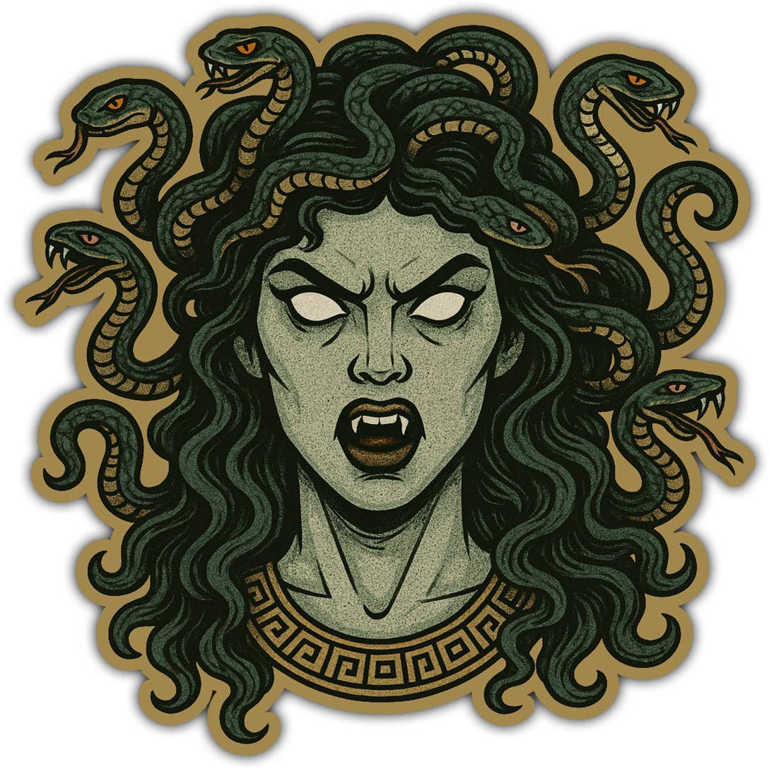 Sticker of Illustration of Medusa with snakes on a beige background