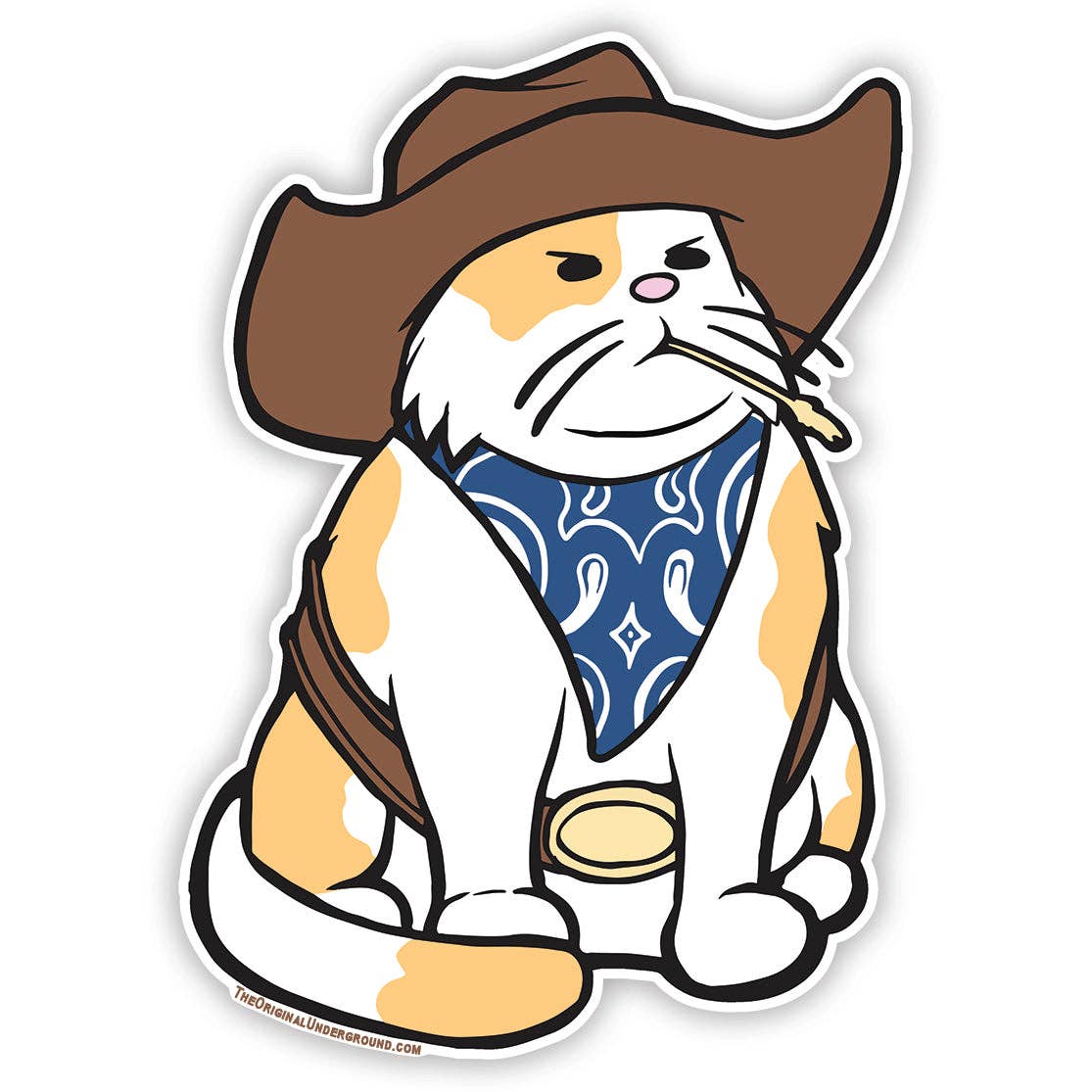 Magnet with a Cartoon cat in a cowboy outfit with a bandana and hat on a white background
