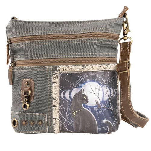 Gray crossbody bag with cat and moon design on a white background