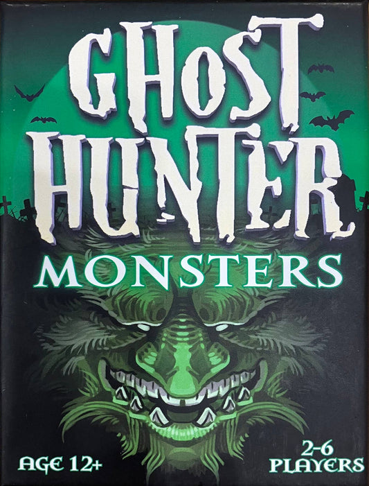 The product image shows the packaging of 'Ghost Hunter: Monsters' card game, featuring a prominent green monster illustration with a moon and spooky trees in the background. The text on the packaging indicates the game is suitable for ages 12+ and can be played by 2-6 players.