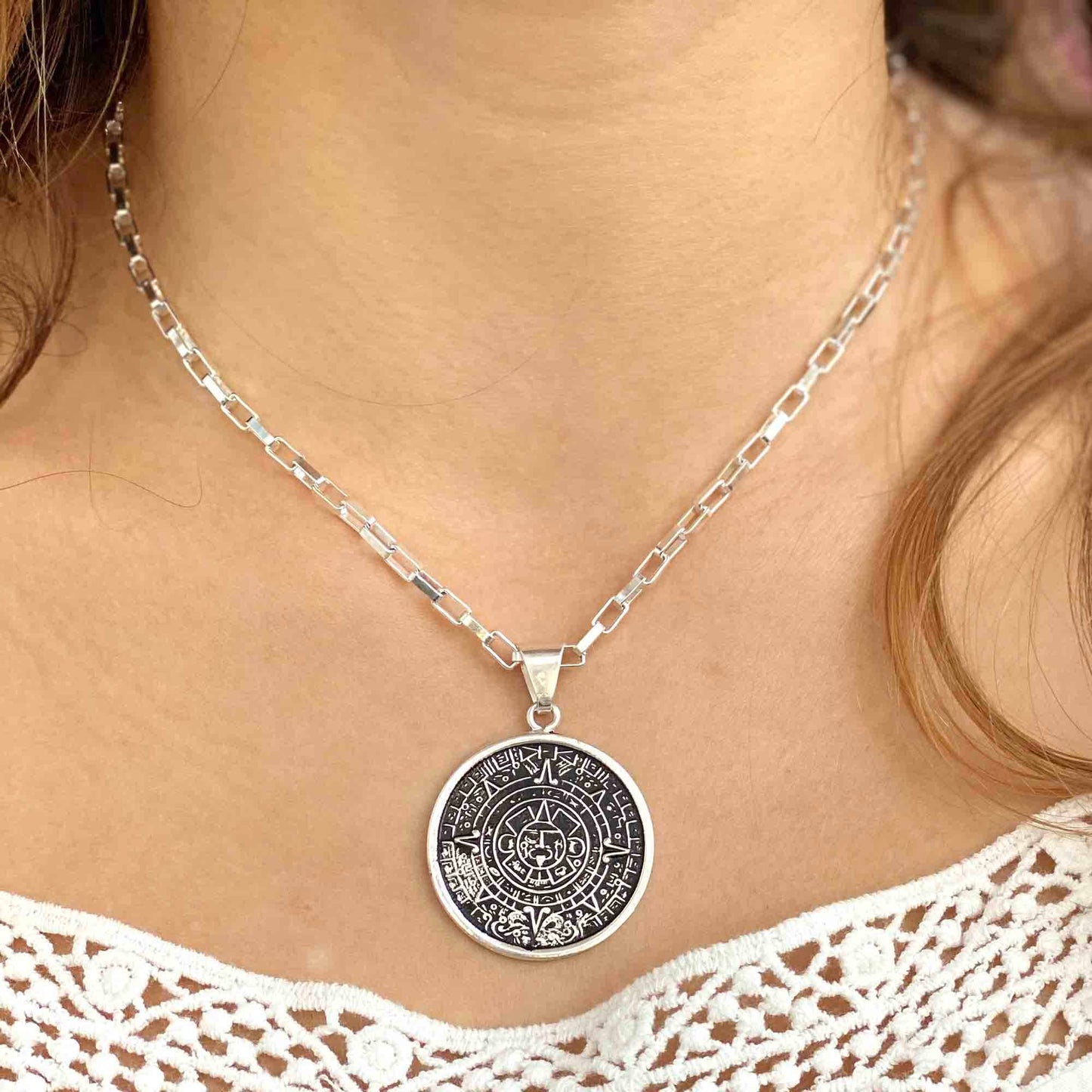 Alpaca Silver Aztec Calendar Pendant