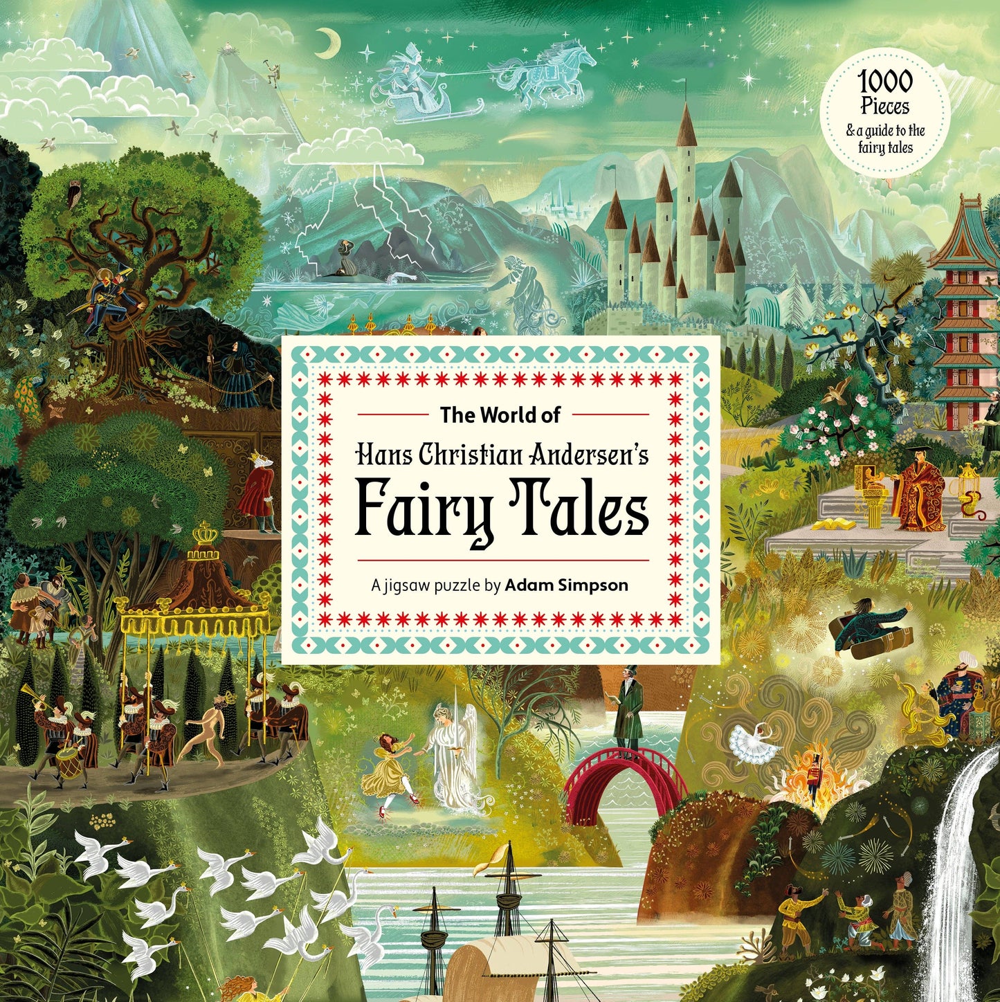1000 piece jigsaw puzzle box for 'The World of Hans Christian Andersen's Fairy Tales' with colorful illustrations and puzzle details.