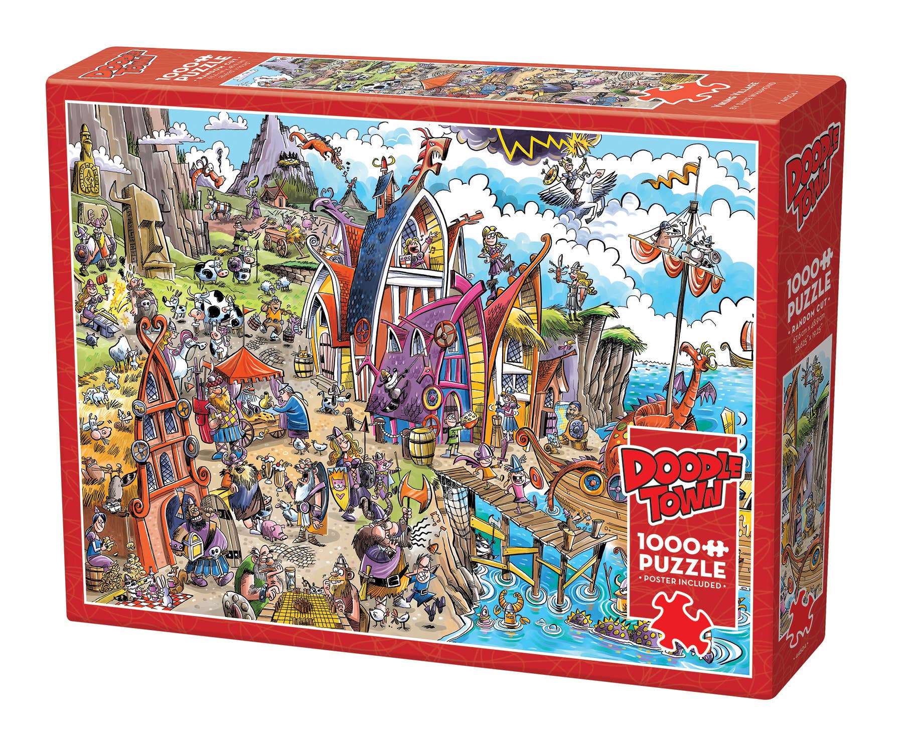 A red jigsaw puzzle box featuring a highly detailed, colorful cartoon scene with many characters, animals, and objects. The front shows the title 'Doodle Town' and '1000+ PUZZLE PIECES' on a red side panel.