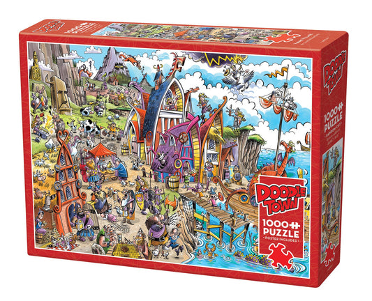 A red jigsaw puzzle box featuring a highly detailed, colorful cartoon scene with many characters, animals, and objects. The front shows the title 'Doodle Town' and '1000+ PUZZLE PIECES' on a red side panel.
