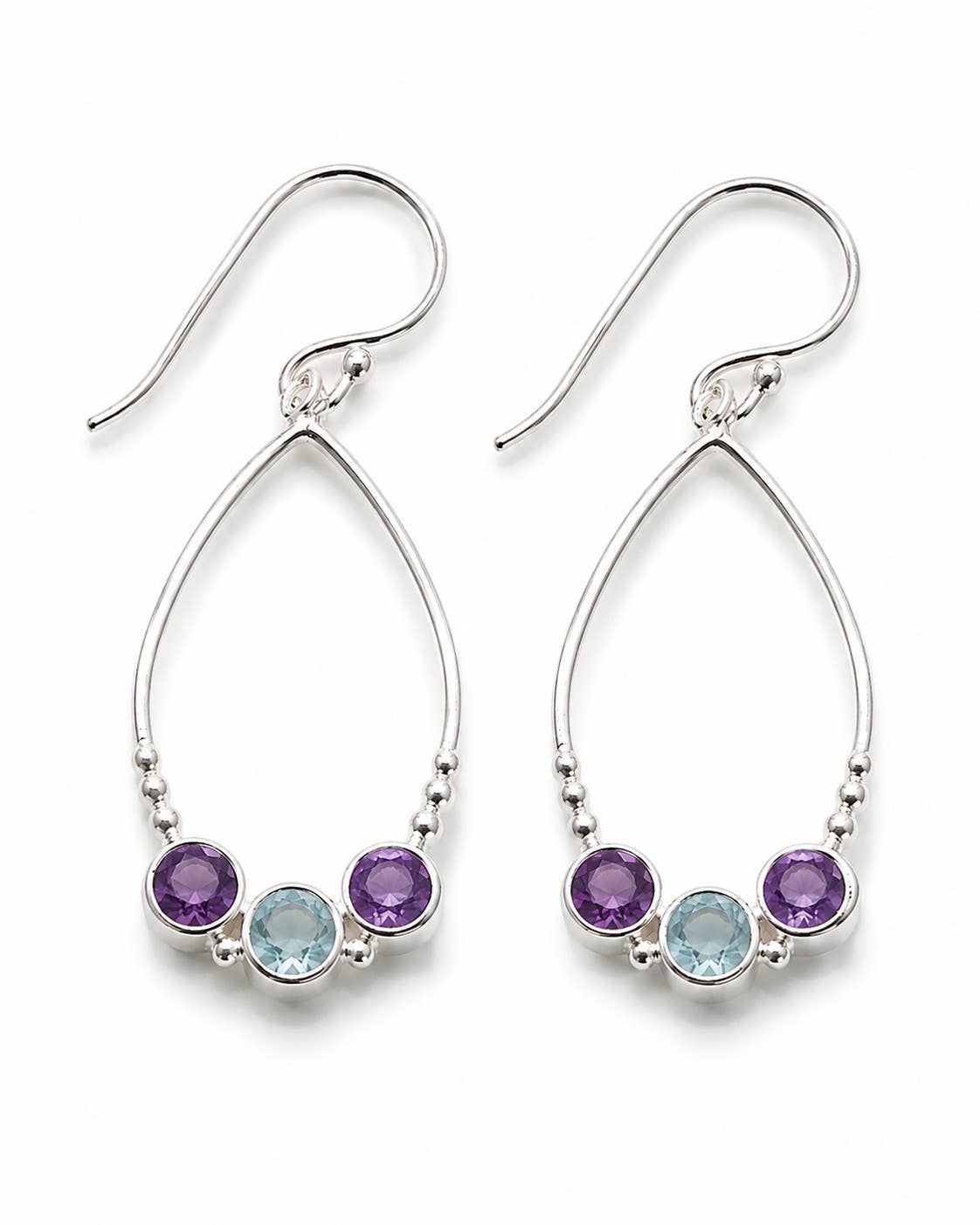 A pair of silver dangle earrings with three round gemstones in each earring: a purple stone, a light blue stone, and a smaller dark purple stone, set against a plain white background.