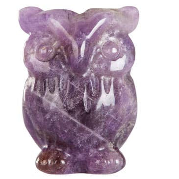 Amethyst carved owl figurine on a white background.