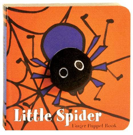 A children's finger puppet book titled 'Little Spider' with an orange cover featuring a black spider and purple web details, photographed straight on.