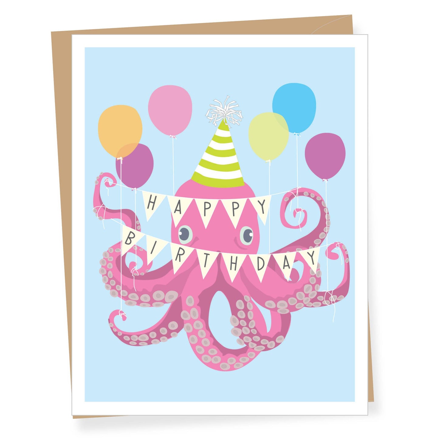 Birthday card with a pink octopus holding balloons and a party hat on a light blue background.