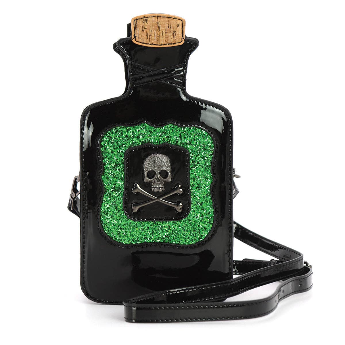Black bottle-shaped handbag with green glittery square and skull design on a white background