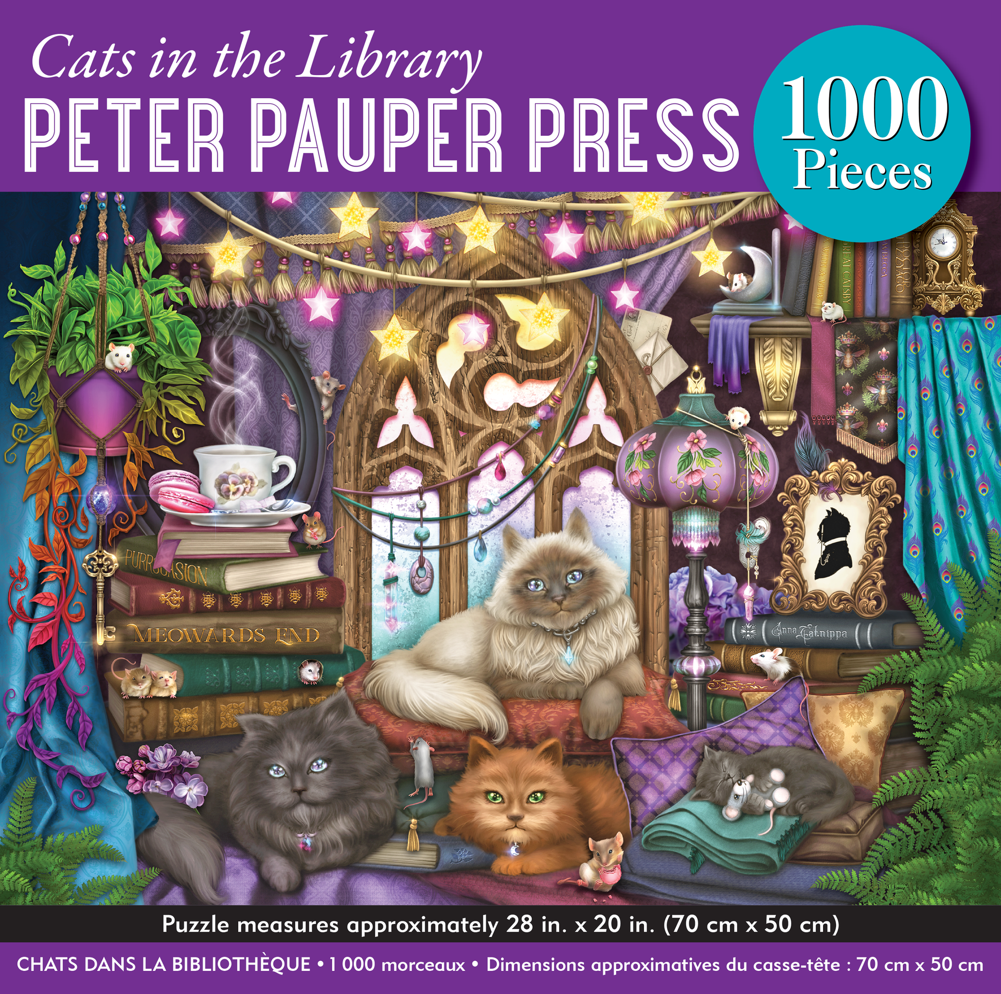1000 piece jigsaw puzzle box of 'Cats in the Library' with cats and books illustration.
