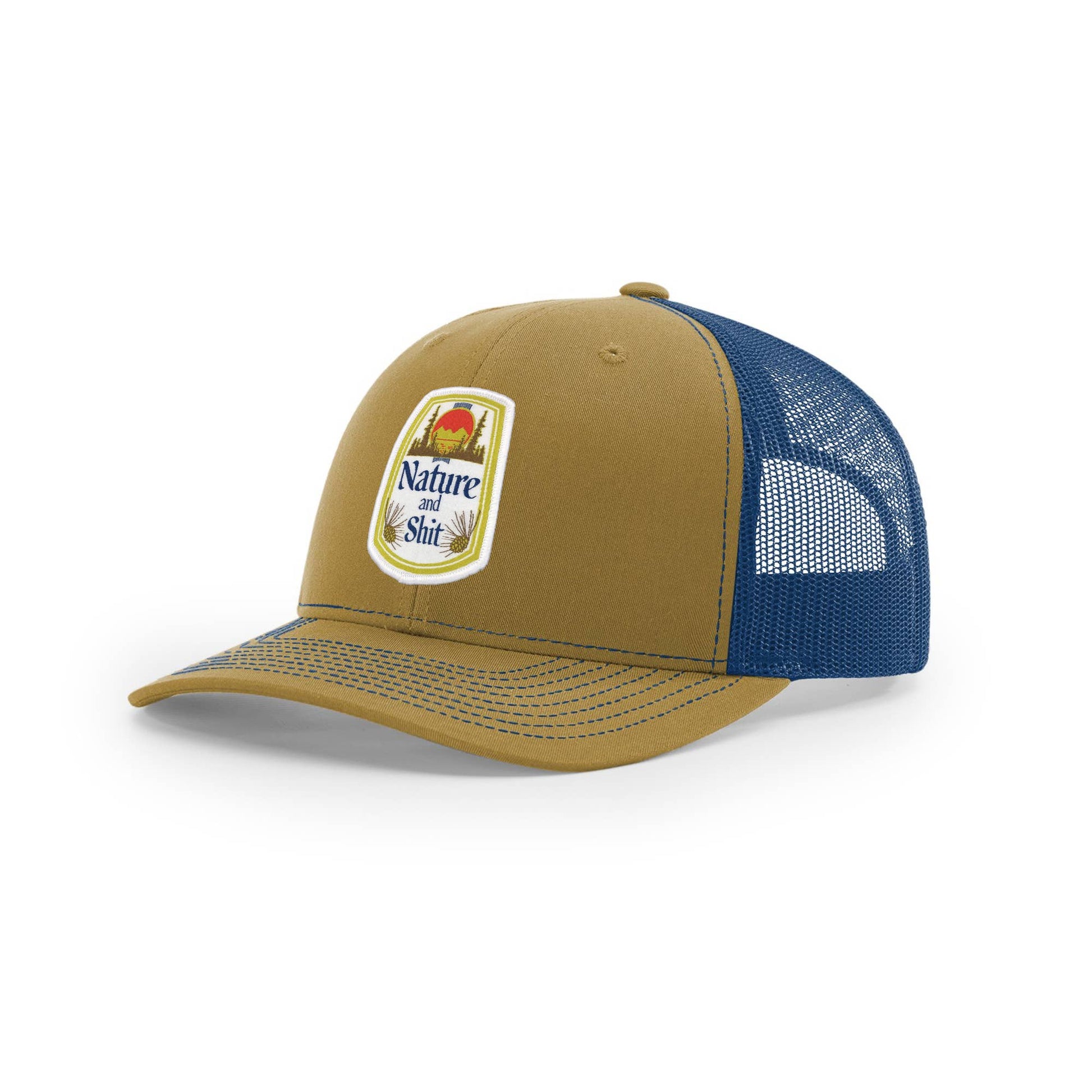 Greenish and blue cap with a nature logo on a white background
