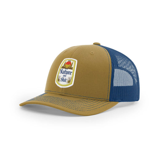 Greenish and blue cap with a nature logo on a white background