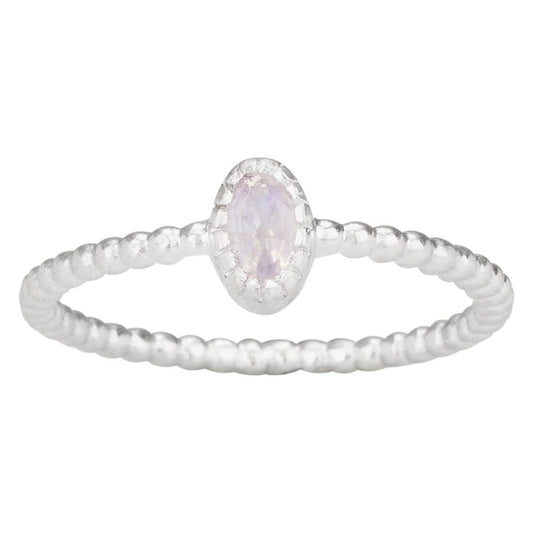 A sterling silver beaded ring with an oval-cut light moonstone center stone in a textured bezel setting, shown against a plain white background.