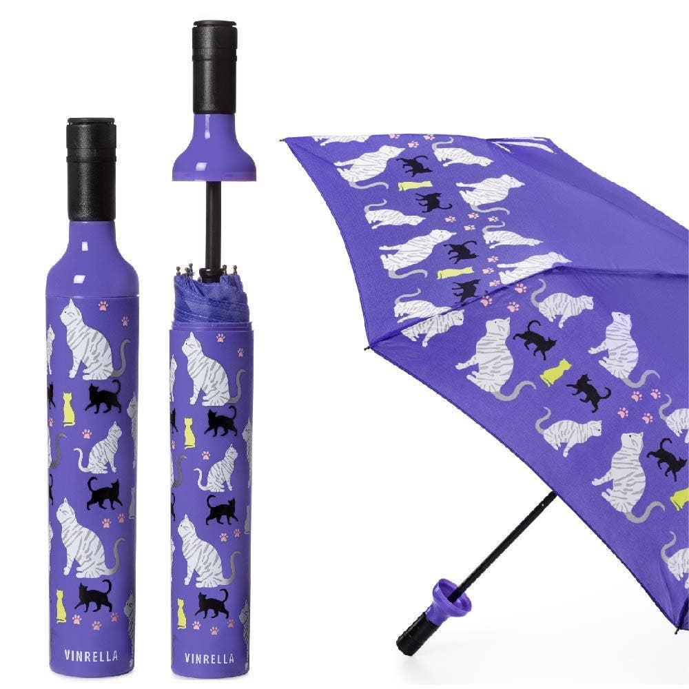 Purple umbrella with cat pattern and Vinrella branding on a white background