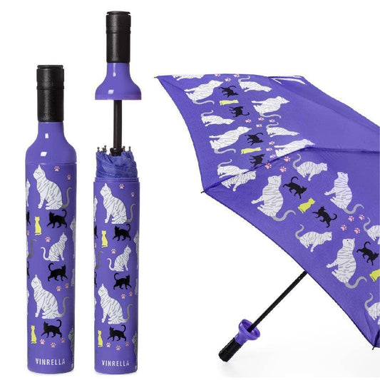 Purple umbrella with cat pattern and Vinrella branding on a white background