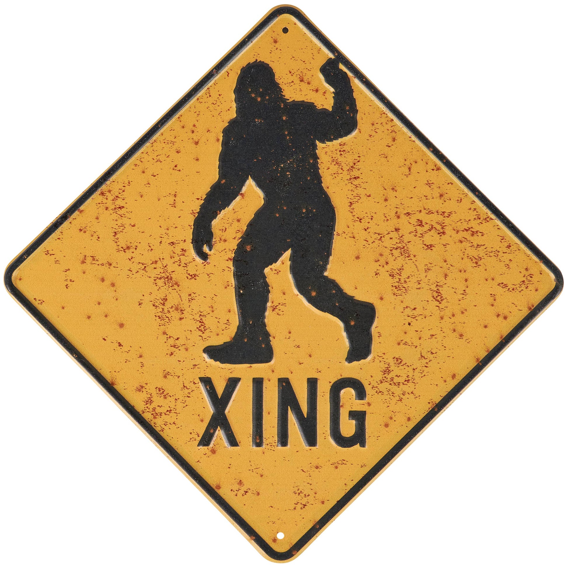 Yellow sign with a silhouette of a bigfoot and 'XING' text on a white background