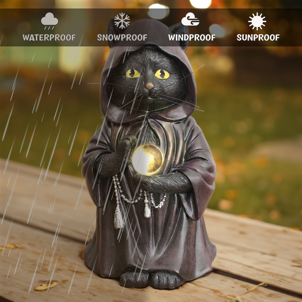 Ominious Black Cat Wizard Figurine, 7" Solar Light