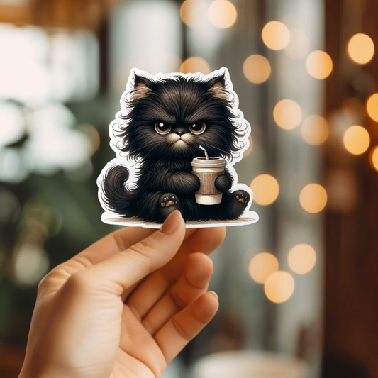 Sticker of a black cat holding a coffee cup with a blurred background