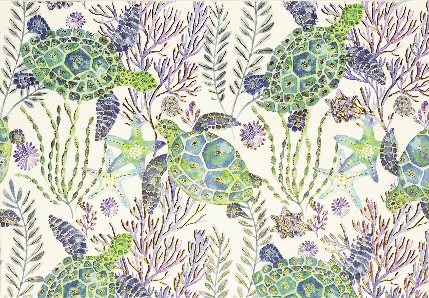 Greeting Cards with a pattern of green turtles and sea stars with purple sea plants on a white background