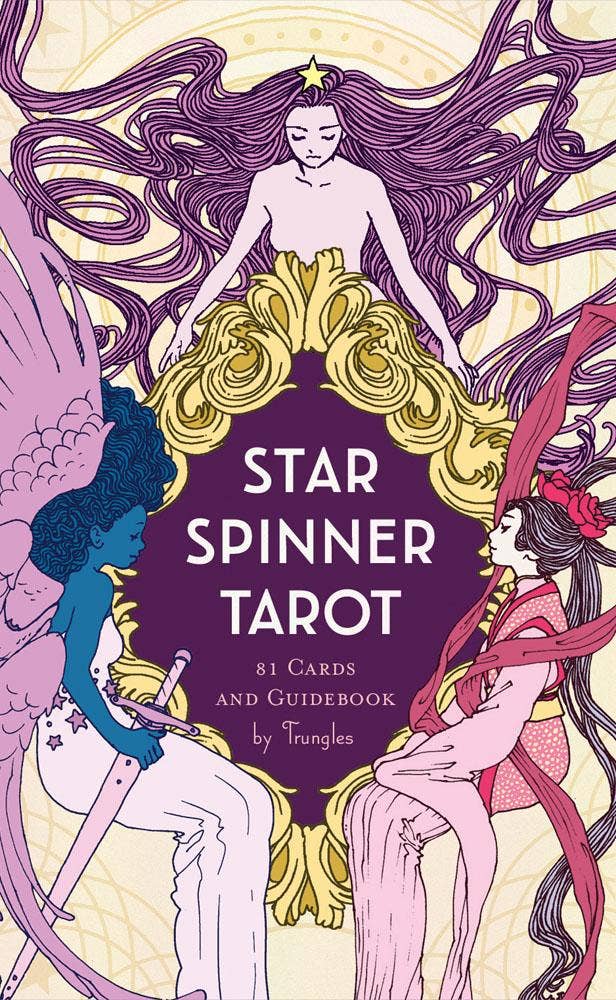 Front cover of the Star Spinner Tarot deck, featuring stylized illustrated figures and flowing purple hair around a central purple title panel with gold decorative flourishes. Visible text reads 'STAR SPINNER TAROT', '81 CARDS AND GUIDEBOOK', and 'by Trundles'.
