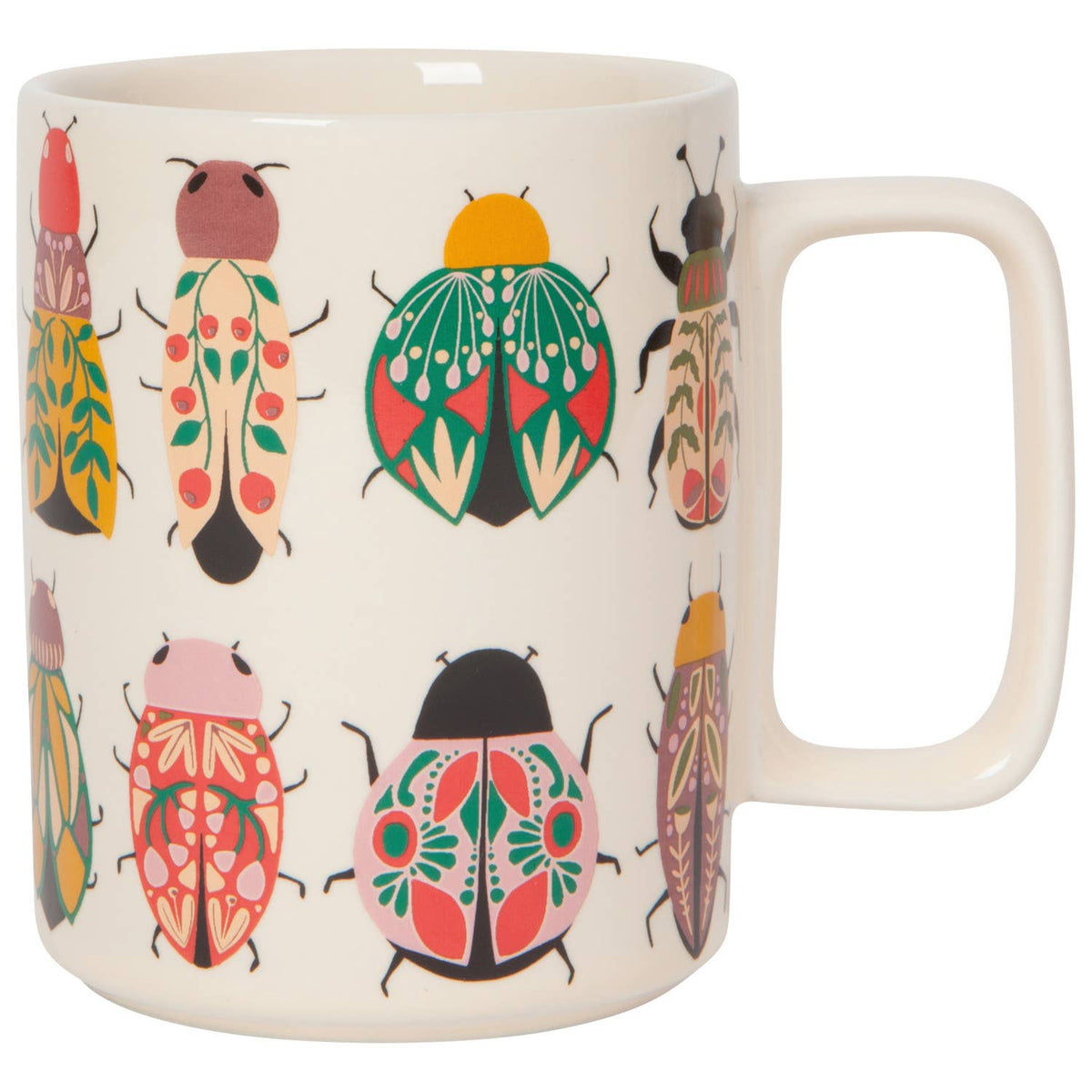 Mug with colorful scarab & beetle pattern on a white background