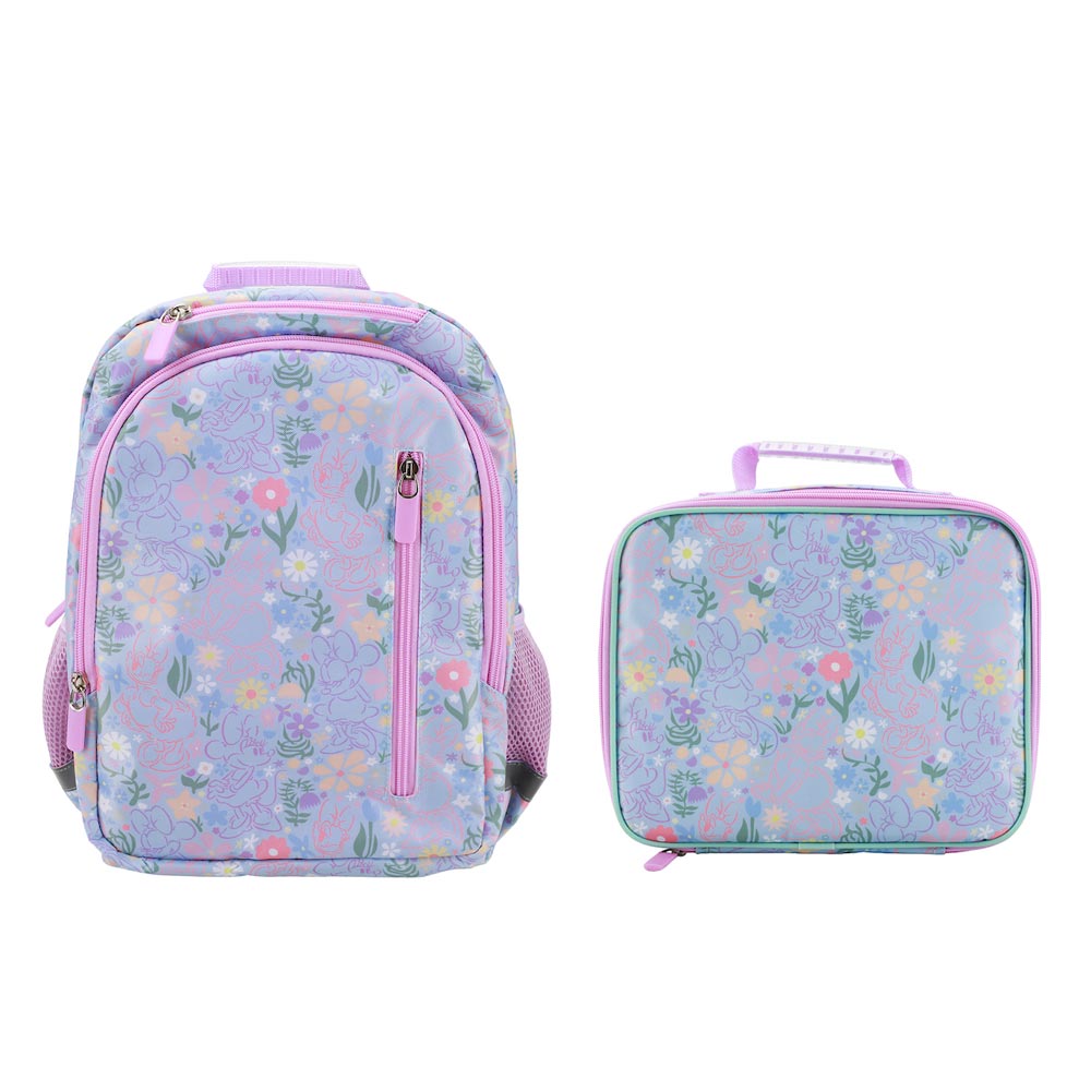 Disney Minnie Mouse Lilac Floral 14-inch Youth Backpack & Insulated Lunch Kit Set