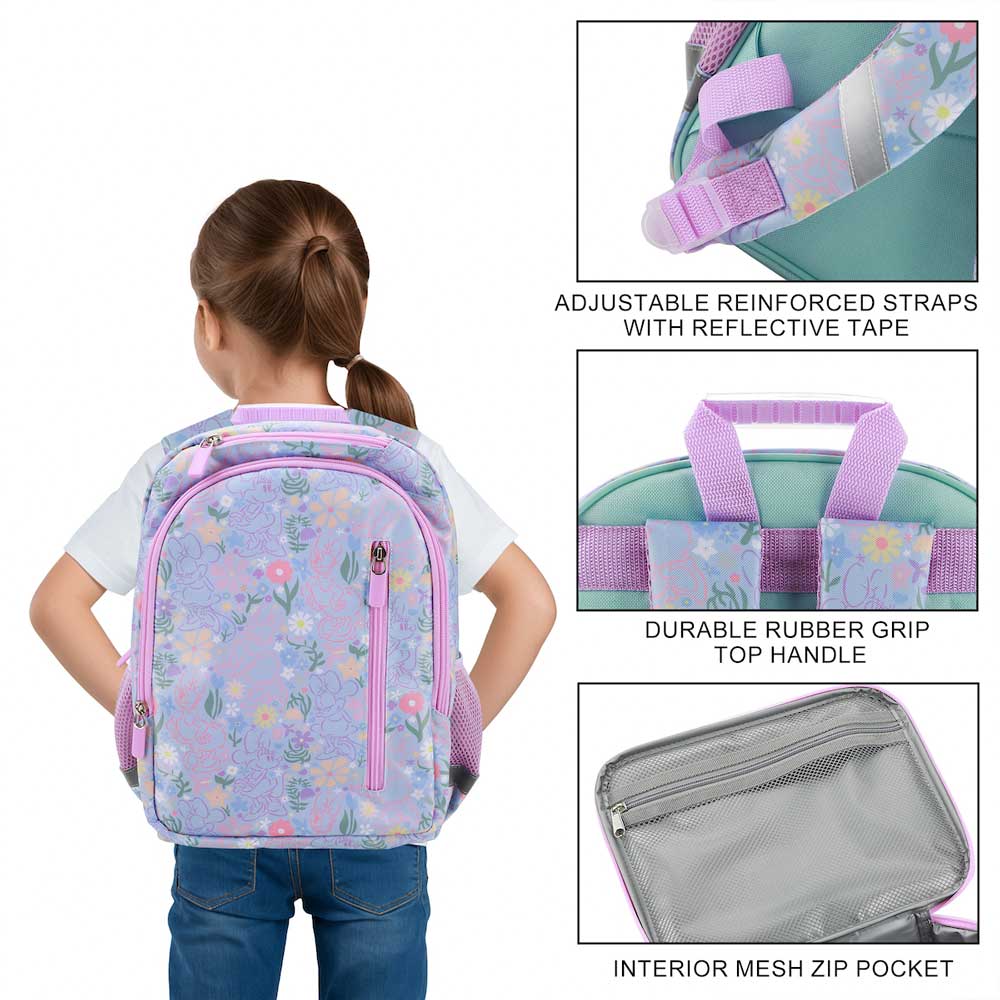 Disney Minnie Mouse Lilac Floral 14-inch Youth Backpack & Insulated Lunch Kit Set