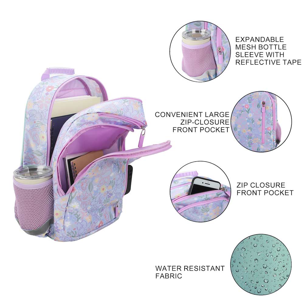 Disney Minnie Mouse Lilac Floral 14-inch Youth Backpack & Insulated Lunch Kit Set